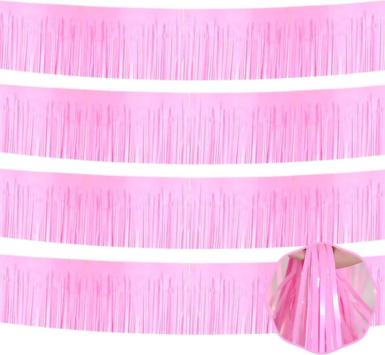 4-Pack 10 ft Macaron Pink Foil Fringe Garland – Metallic Tinsel Party Decor